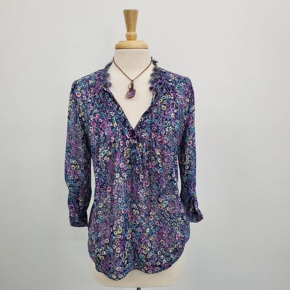 LC Lauren Conrad Womens‎ Floral Sheer Popover Blouse Top Size S Roll Tab Sleeve